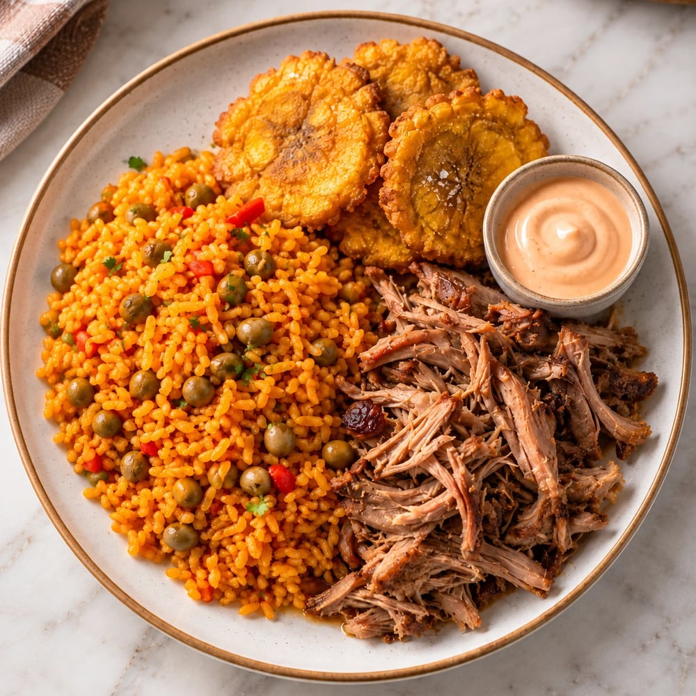 A plate of shredded roast pork, rice with pigeon peas, and fried plantain tostones with a dipping sauce.